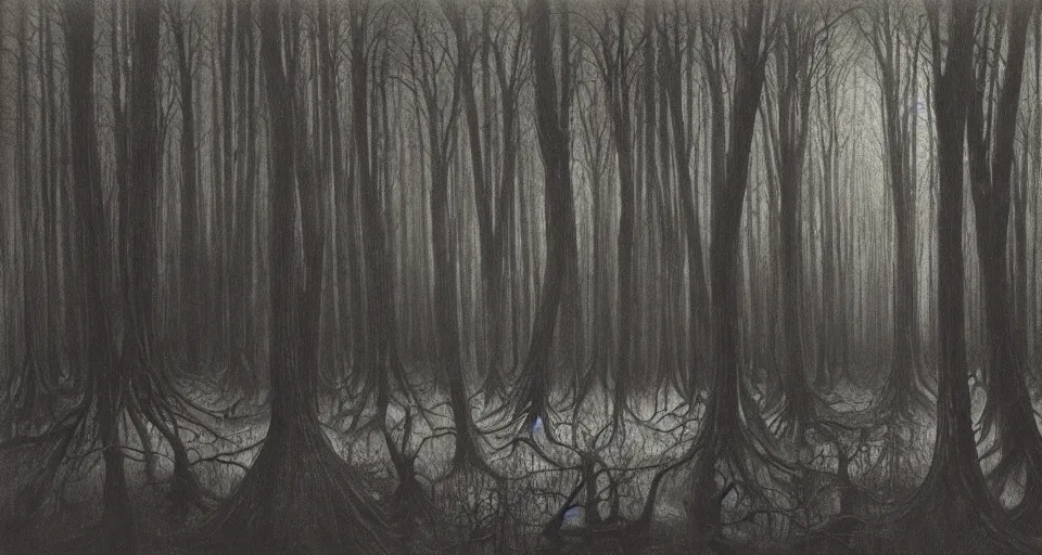 Image similar to A dense and dark enchanted forest with a swamp, by Zdzisław Beksiński