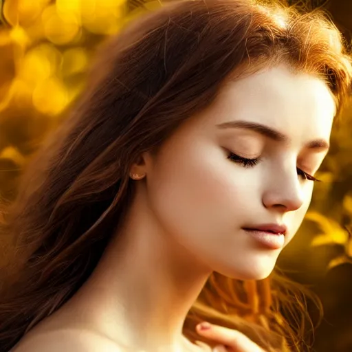 Image similar to a very beautiful still of a beautiful brown - haired woman with her head leaning backwards, golden, eyes closed, front shot, very close - up, hyper detailed, high contrast, bokeh background, realistic, digital art by irakli nadar, sharp focus, golden, delicate, sunlight, dark background, 4 k