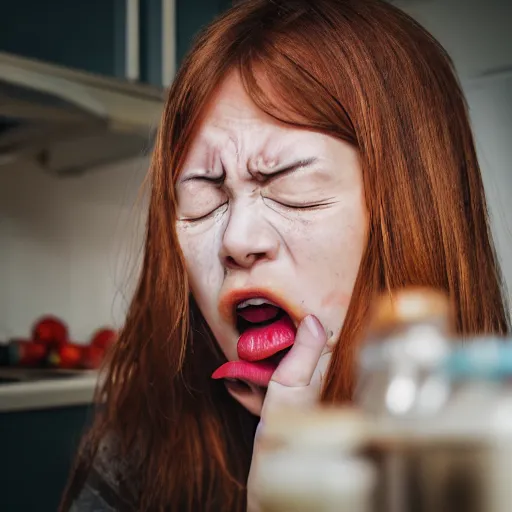 Prompt: photograph of a young woman who looks ill coughing into the open refrigerator, taken with canon eos 5 d,