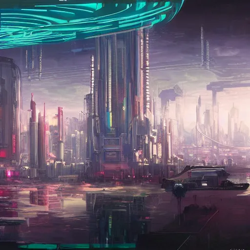 Prompt: Futuristic Cyberpunk City of Starlight, by Anna Mill, by James Gurney