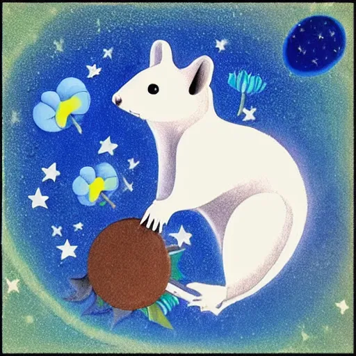 Image similar to A white squirrel on a rocket ship in space and with a blue flower in his paw