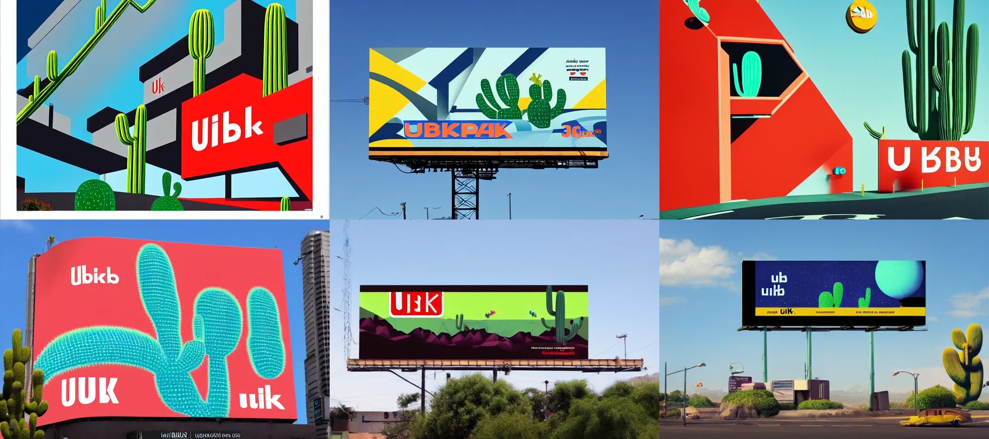 Prompt: an advertisement billboard for UBIK, retro-futurism style-art deco style-sci-fi- 3d geometric landscape with cactus