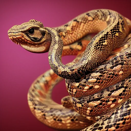 Prompt: A photo-real delicate sculpture of an ornate detailed snake in front of a intricate background by AJ Fosik, micro detail, backlit lighting, octane renderer, colorful, physically based rendering, tribal art, trending on cgsociety