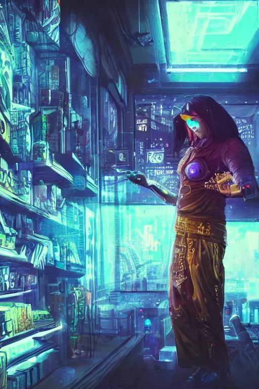 Image similar to cyberpunk shopkeeper, glow, sharp focus, beautiful, grunge, fantasy, cyber