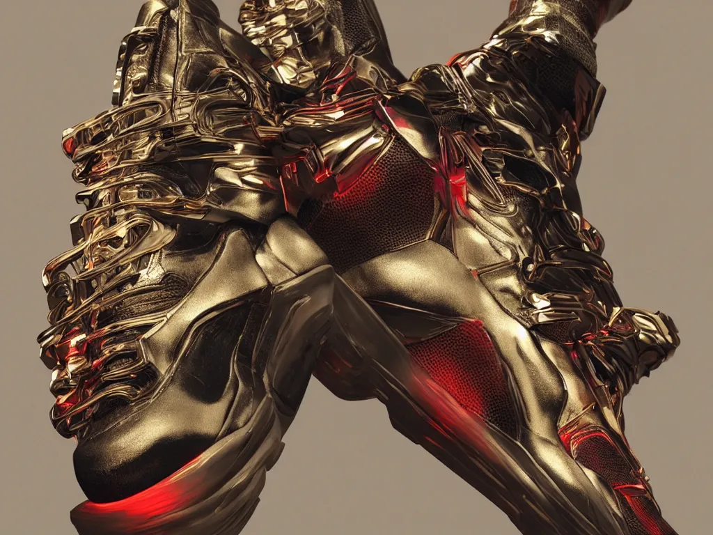 Image similar to realistic 3 d render of a sculpture of a cyberpunk sneaker, beautiful studio lighting, soft, sharp focus, neon cyberpunk highlights, intricate detail, gold and red accents, soft rubber, octane render, wide angle, trending on artstation, deviantart, art by syd mead and issey miyake
