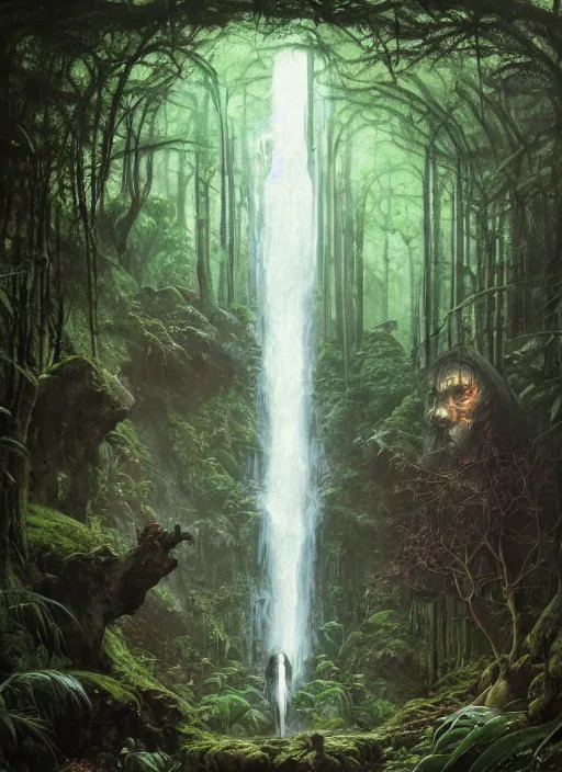 Image similar to a hyper realistic architectural witch shrine under a waterfall in the woods, gorgeous lighting, lush forest foliage, painting by chiara bautista and tom bagshaw, muca beksinski and norman rockwell and greg rutkowski weta studio, and lucasfilm