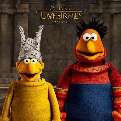 Prompt: UHD Bert and Ernie in Game of Thrones in the style of Miguel Vasquez