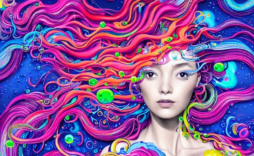 Image similar to a digital painting of a woman with colorful hair made of curly and splashing liquid and bubbles, intricate mechanical details, futuristic, a pop art painting by tomokazu matsuyama, behance contest winner, psychedelic art, psychedelic, 2 d, digital illustration, trending on artstation, anime stylized, accurate fictional proportions, high delicate defined details, ethereal lighting