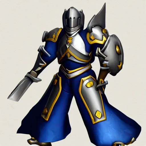 Image similar to overwatch character, medieval knight in blue gold armor