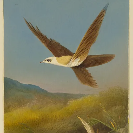 Prompt: watercolor by john james audubon of a swift in flight over a meadow at dawn.