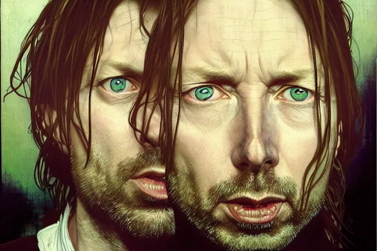 Image similar to hyper realistic portrait of wider face thom yorke on stage, by lee bermejo, alphonse mucha and greg rutkowski