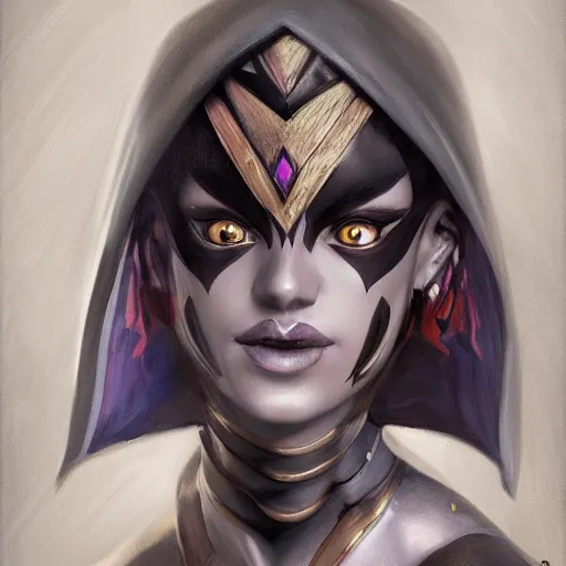 Prompt: a painting of a female dark elf holding her mask, a character portrait by Nína Tryggvadóttir, polycount contest winner, fantasy art, detailed painting, concept art, artstation hd