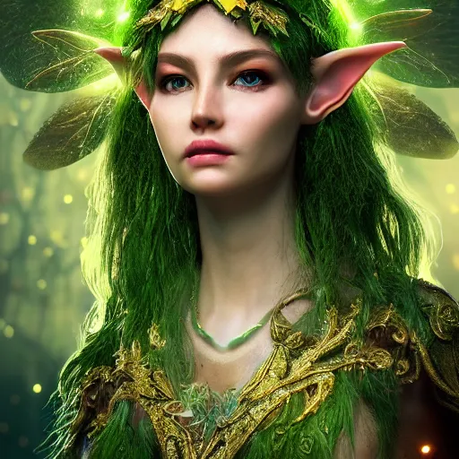 Image similar to portrait elf of the forest, glowing, ornate and intricate green jewelry, jaw dropping beauty, glowing background lighting, green accent lighting, hyper detailed, fairy tale, 4 k octane render