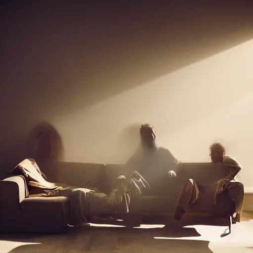 Prompt: gang members chilling around dirty couch in a beige room thick volumetric dust god rays shines through cheap blinds kinda atmosphere jonathan zawada style photography