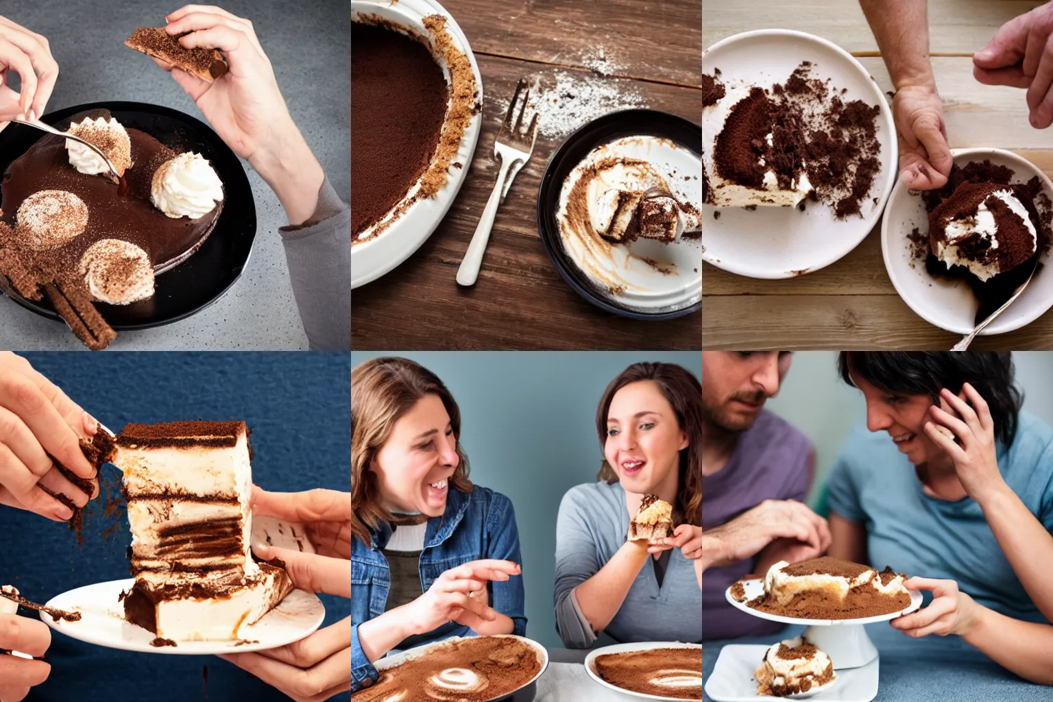 Prompt: stock photo of two Canadians rejecting the last piece of tiramisu