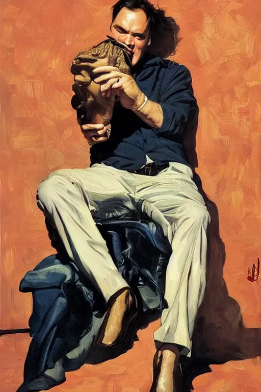 Image similar to quentin tarantino licking a foot, licking!!!!'bare feet '!!!!! painting by jc leyendecker!! phil hale!, angular, brush strokes, painterly, vintage, crisp