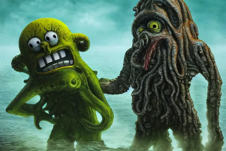 Prompt: Spongebob Cthulhu nightmare, photorealistic, king kong island