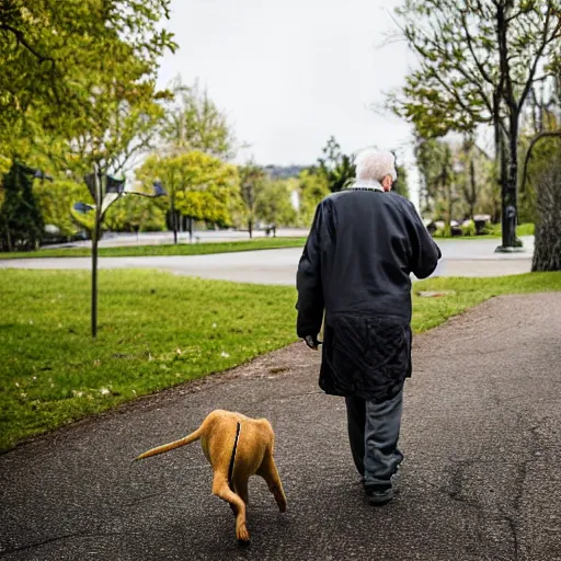 Prompt: elderly man walking a terrifying and evil creature, leash, park, canon eos r 3, f / 1. 4, iso 2 0 0, 1 / 1 6 0 s, 8 k, raw, unedited, symmetrical balance, wide angle