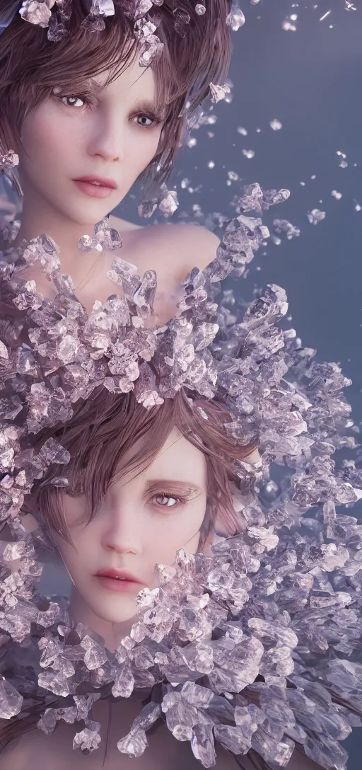 Prompt: portait crystal flowers, octane render uhd, filmic lighting, cinematic art shot, hyperrealistic, hyperdetailed, super detailed, 8 k, high resolution, 8 k uhd, mega high white mountain, midnight