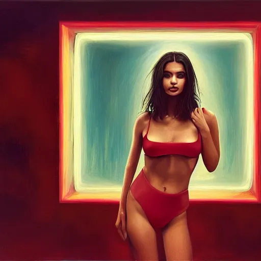 Image similar to Emily Ratajkowski with beautiful face and full body laying in a blood red pool of water between a bright golden glowing mirror frame, outside is space and inside the mirror frame is a beautiful landscape. Hyperrealistic surreal 4K IMAX Rene Margritte intricate, elegant, highly detailed, digital painting, artstation, concept art, smooth, sharp focus, illustration, art by artgerm and greg rutkowski and alphonse mucha