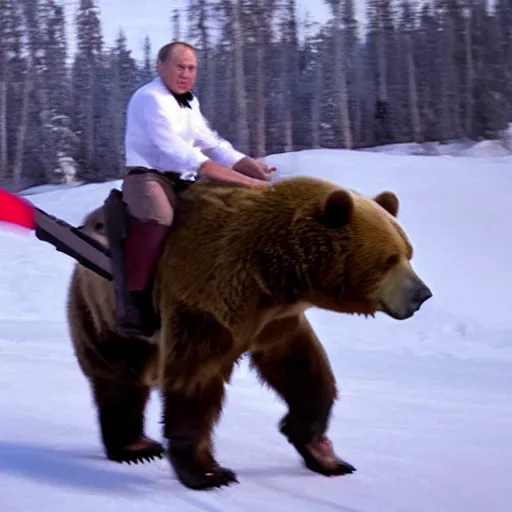Image similar to photo of Vladimir Putin riding a bear, Cinematic still shot, 800t, 35mm, full-HD