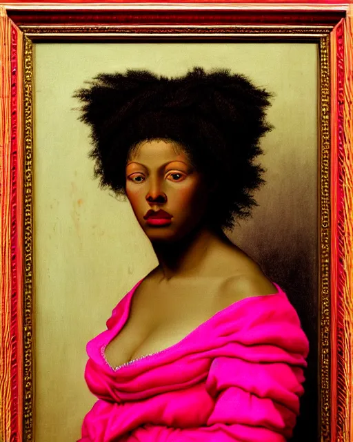 Prompt: photo-realistic portrait of black woman with pink hair, wearing a neon red dress by Vivienne Westwood, intricate details, masterpiece, in the style of Jean Auguste Dominique Ingres, black background