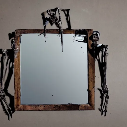 Image similar to a mirror with skeletal decaying arms reaching thru