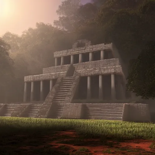 Prompt: unreal engine render of a misty mayan temple. volumetric lighting. foggy.