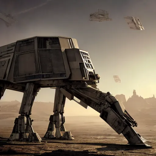 Image similar to a hyperrealistic octane render of a star wars at - at by salvador dali, unreal engine, 8 k, dramatic lighting, volumetric lighting, hyper detailed, photorealistic