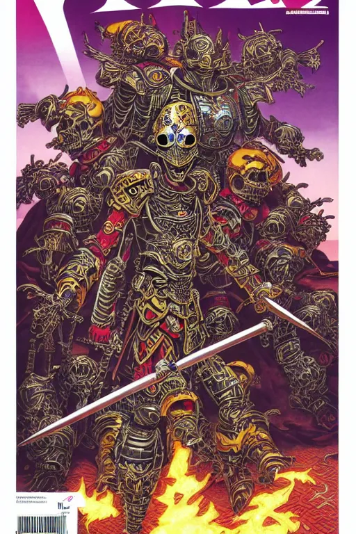 Prompt: magazine cover of crazy roborts skeletor warrior with the tang dynasty of china armor and helmet, by yoichi hatakenaka, masamune shirow, josan gonzales and dan mumford, ayami kojima, takato yamamoto, barclay shaw, karol bak, yukito kishiro