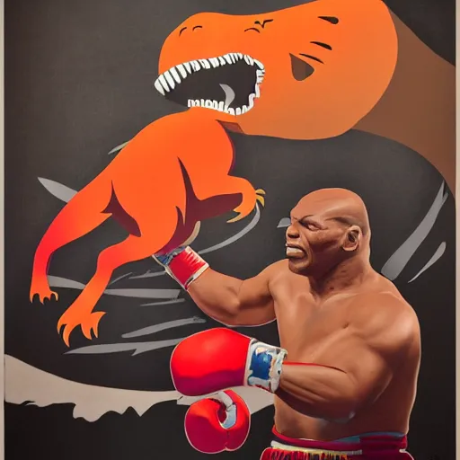 Prompt: art deco portrait of mike tyson fighting a dinosaur