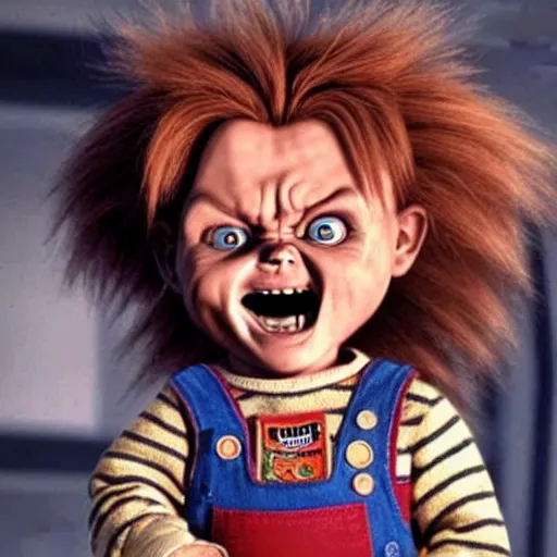 Prompt: chucky doll screaming in too gun movie