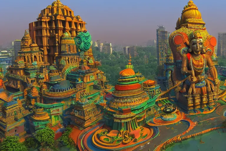 Image similar to high quality 3 d dreamscape! mumbai with biomorphic hanuman!! head building, kalighat highly detailed, unreal engine cinematic smooth, stephen shore & john j. park, soft morning light, wide shot, high angle, uhd 8 k, deep focus