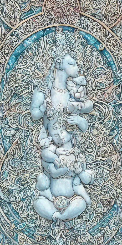 Image similar to intricate colourfully painted carved Soapstone relief paneling, white and pale blue , celestial, piggy, pig goddess, mother earth, Earth Goddess mythology, Gaia, angels, divinity, Ghostly, crystaline celtic, insanly detailed , artstation, wallpaper, hyper realistic, realistic lighting