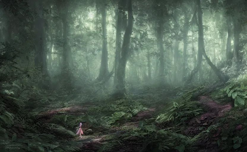 Prompt: A tiny fairy princess, in a dark forest, macro, cool tones, underexposed, overecast, mysterious matte painting by greg rutkowski and marc simonetti and Ivan Shishkin, 4k