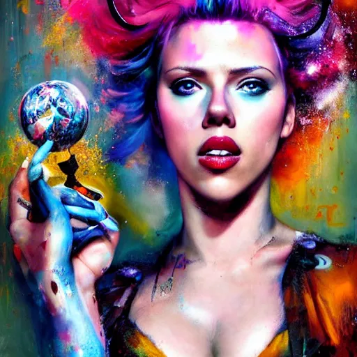 Prompt: scarlett johansson as delirium from sandman, ( hallucinating colorful soap bubbles ), by jeremy mann, by sandra chevrier, by jamie hewlett and richard avedon, punk rock, tank girl, high detailed, 8 k