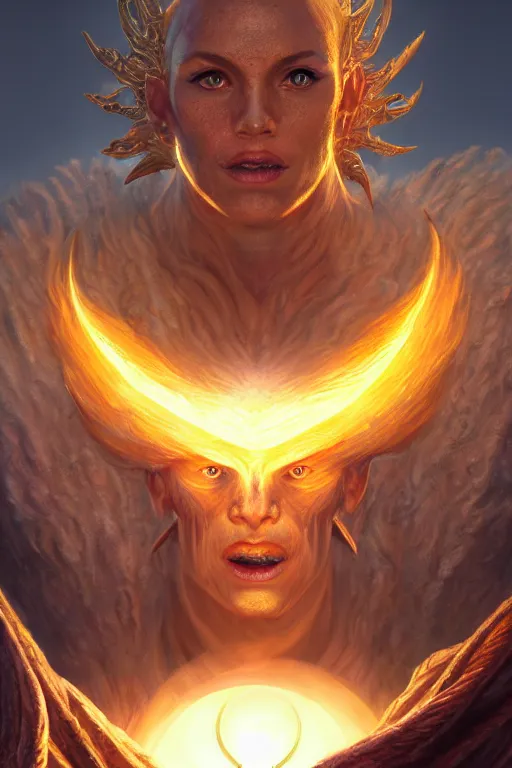 Image similar to humanoid god of the sun, highly detailed, d & d, fantasy, hyper detailed, digital painting, trending on artstation, apollo, concept art, sharp focus, illustration, art by artgerm and magali villeneuve and greg rutkowski and michael whelan, cryengine, 8 k realistic atmospheric lighting, frostbite 3 engine