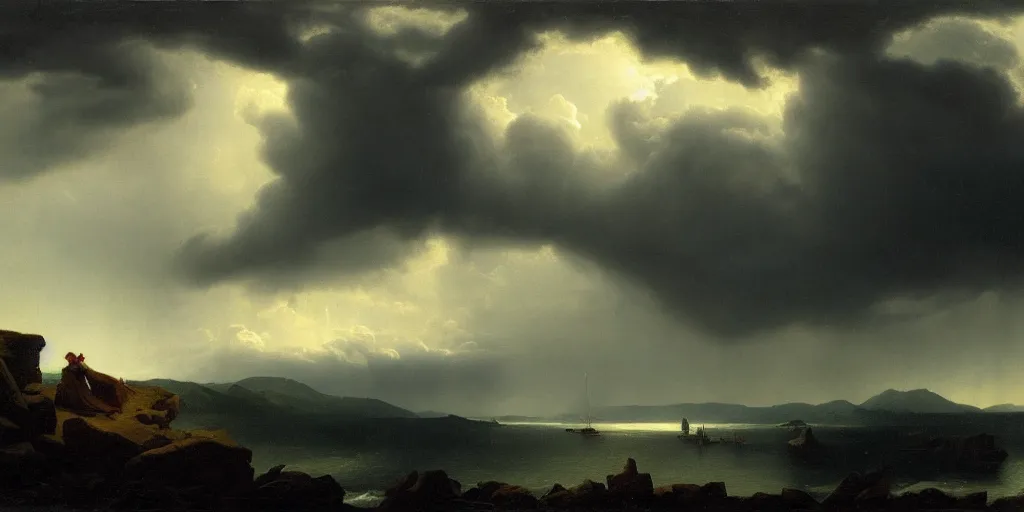 Prompt: a princess, big monster on the horizon, snowy fjord, storm clouds, dramatic lighting, hudson river school, afternoon