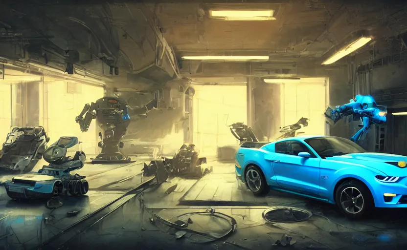 Image similar to interior shot, scifi robot repair workshop, large blue mustang car, full car profile shot with 35mm, futuristic product car shot, neon lights, cinematic lighting, Craig Mullins, Greg Rutkowski, volumetric light, artstation, octane render