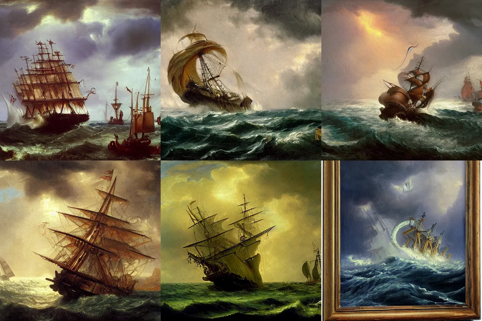 Prompt: a sea kraken attacking a galleon, the kraken tentacles are wrapped around the ship's mast, kraken, stormy sky, lightning, lightning, lightning, albert bierstadt, oil painting