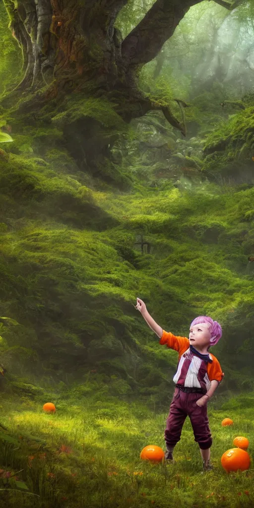 Prompt: little boy with purple hair wearing an orange and white striped outfit, surrounded by a green forrest, moody , lovecraft, giger, ridley scott, zack snyder, Fenghua Zhong, realistic cinematic lighting, establishing action shot, ultra detailed, hyper realism, photo, octane render