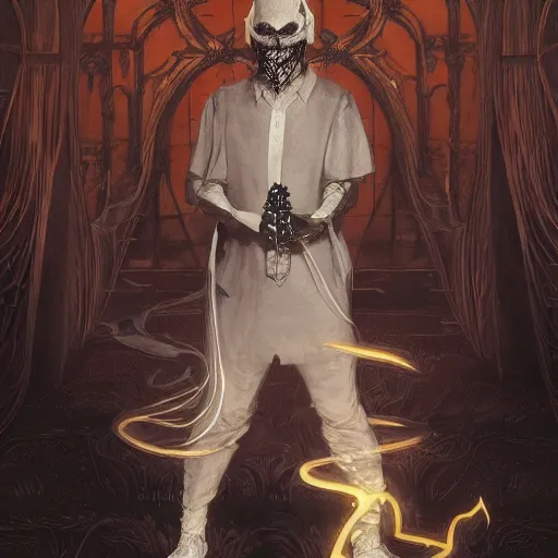 Prompt: - i full body portrait of a male magician with a mask controlling ghosts and spirits, spooky, horror, gothic, d & d, fantasy, intricate, elegant, highly detailed, digital painting, artstation, concept art, smooth, sharp focus, illustration, art by artgerm and greg rutkowski and alphonse mucha