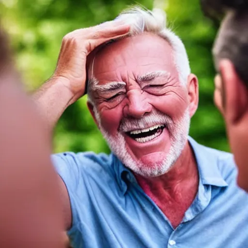 Prompt: a mad male boomer telling a dad joke to a group of bored millennials, he is laughing maniacally.