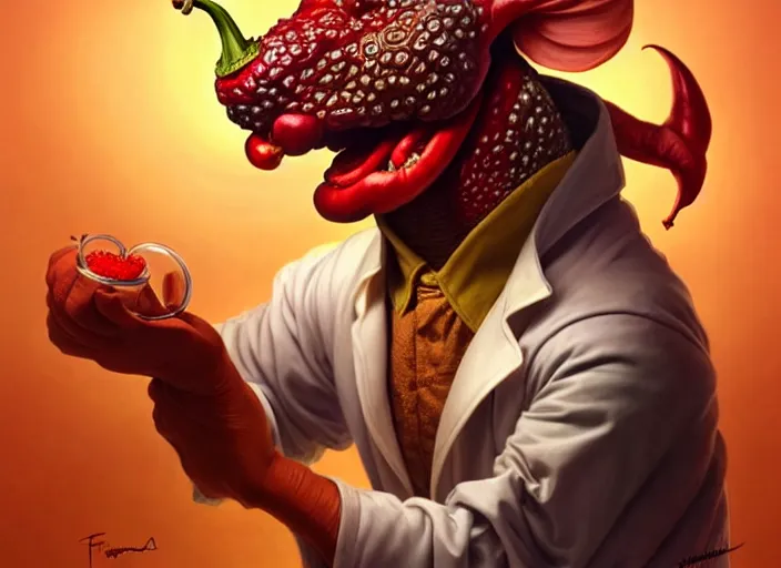 Image similar to a anthropomorphic pepper wearing a lab coat, diffuse lighting, fantasy, intricate, elegant, highly detailed, lifelike, photorealistic, digital painting, artstation, illustration, concept art, smooth, sharp focus, art by frank frazetta and marco bucci and loish and rossdraws and artgerm and alphonse mucha