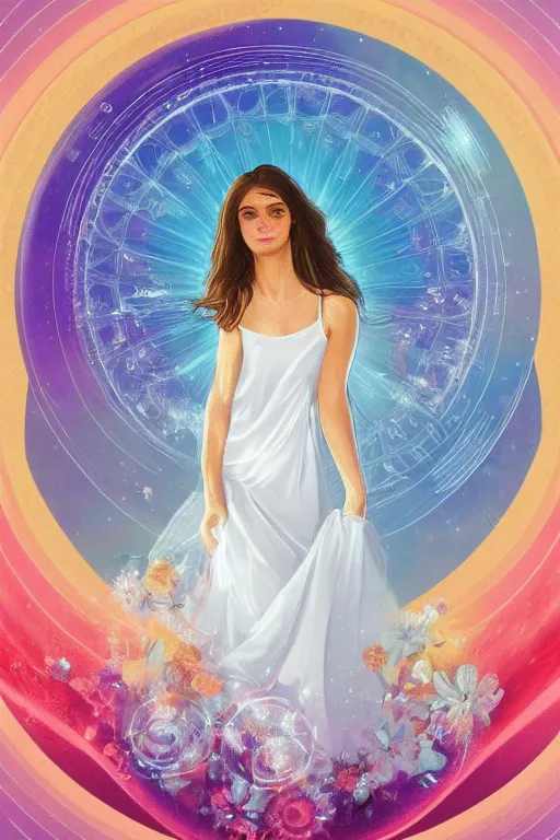 Image similar to The image depicts a woman in a flowing white dress, holding a bouquet of flowers. She is surrounded by a bright, halo-like aura. The background is a series of concentric circles, radiating out from the woman. The overall effect is one of serenity and heavenly beauty. The lithograph is printed in a limited number of colors, but the effect is very rich and detailed. Mucha's use of line is particularly notable, as it creates a sense of movement and energy around the central figure. The concentric circles in the background add to this sense of motion, while also providing a stable reference point for the viewer. The overall composition is well balanced and harmonious. The lithograph is printed in a limited number of colors, but the effect is very rich and detailed. Mucha's use of line is particularly notable, as it creates a sense of movement and energy around the central figure. The concentric circles in the background add to this sense of motion, while also providing a stable reference point for the viewer.