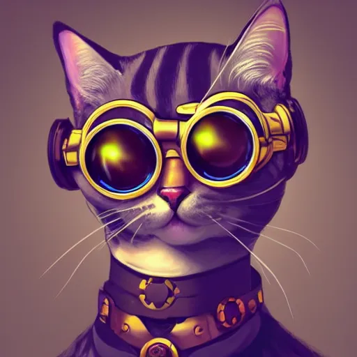 Prompt: a profile picture of a cat with steampunk googles, by ROSS tran, 4k, neutral colors