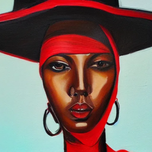 Image similar to oil painting of a tall woman with a black sunhat in the desert, black and red jacket, beautiful face, pretty face, very detailed eyes, very detailed face, feminine face, full body