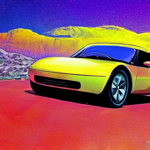 Prompt: A Tesla Roadster on its way to the stars, hippie counterculture art, sixties, psychedelic colors