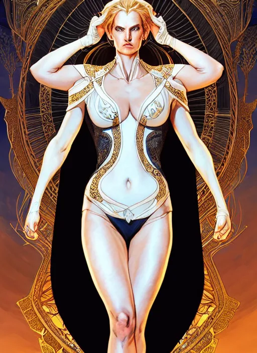 Image similar to symmetry!! intense fanart of back pose of emma frost as acotar protagonist, traditional queen dress, intricate, hyper detailed background, elegant, highly detailed, my rendition, digital painting, artstation, concept art, smooth, sharp focus, illustration, art by artgerm, greg rutkowski and alphonse mucha, by hajime sorayama and boris vallejo