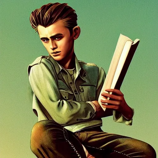 Image similar to a highly detailed epic cinematic concept art CG render digital painting artwork costume design: young James Dean as a well-kept neat anarchist rebel in 1950s USSR green overalls and big boots, reading a book. By Greg Rutkowski, Ilya Kuvshinov, WLOP, Stanley Artgerm Lau, Ruan Jia and Fenghua Zhong, trending on ArtStation, subtle muted cinematic colors, made in Maya, Blender and Photoshop, octane render, excellent composition, cinematic atmosphere, dynamic dramatic cinematic lighting, aesthetic, very inspirational, arthouse